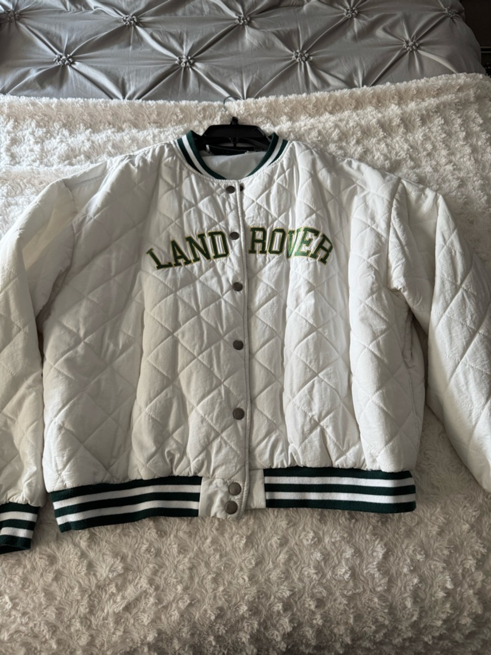 PacSun White Quilted 'Land Rover' Bomber Jacket with Green Trim